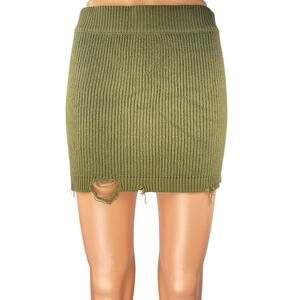 SER.O.YA Women's Green Ribbed Knit Distressed Sculpt Pencil Mini Skirt Size L
